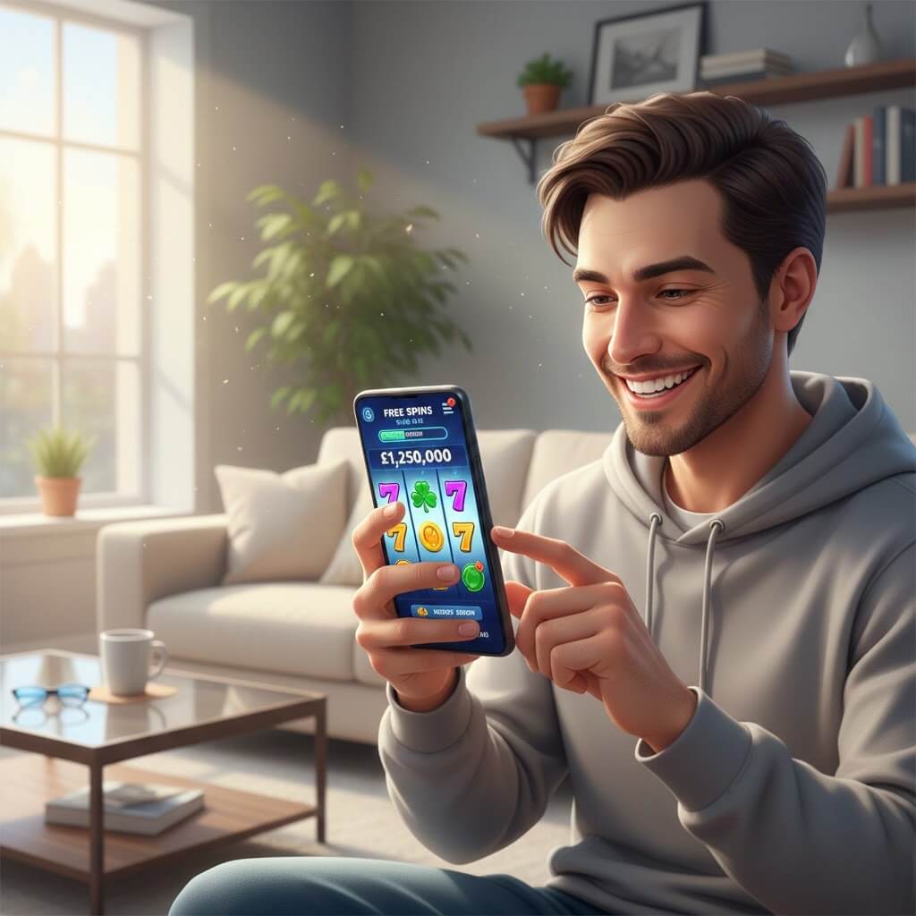 Pemain menggunakan smartphone untuk bermain slot mobile di 12Hoki dengan bonus, free spins, dan jackpot.