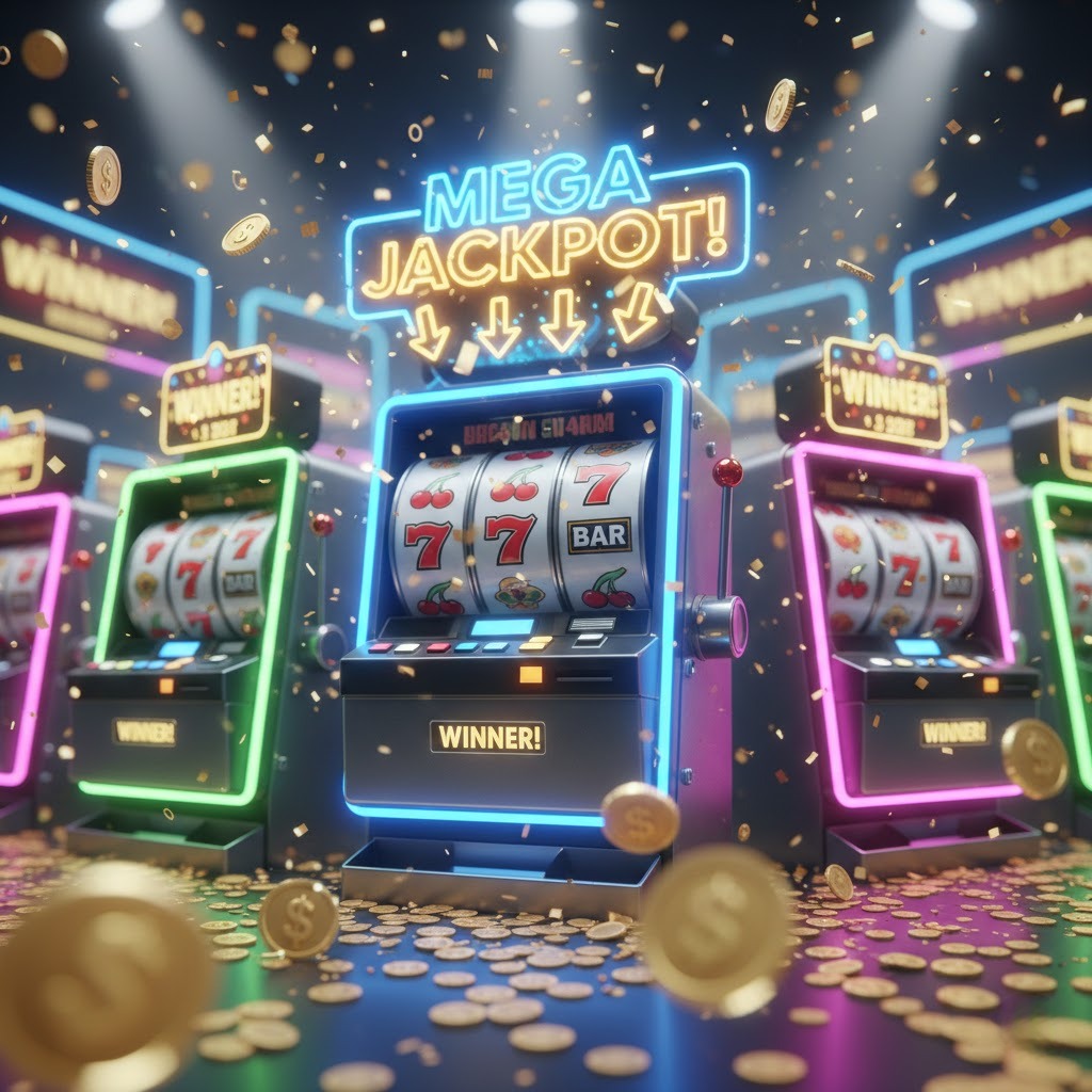 Mesin slot online dengan gulungan berwarna-warni, koin emas berjatuhan, menampilkan sensasi menang besar di 12Hoki.